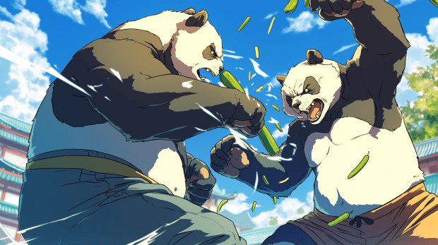 Angry pandas fighting each other with cucumbers.