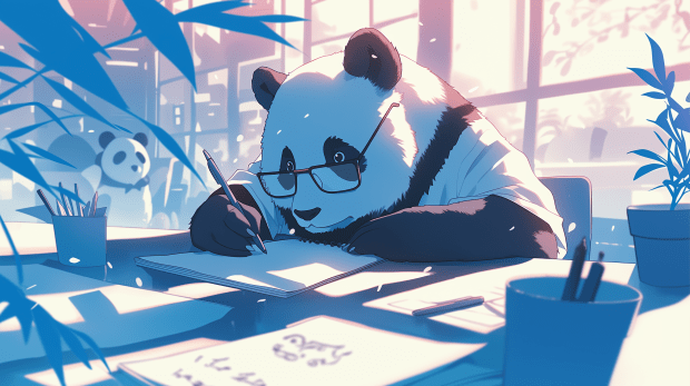 A panda deep sitting at a desk and writing in a notebook while deep in thought.