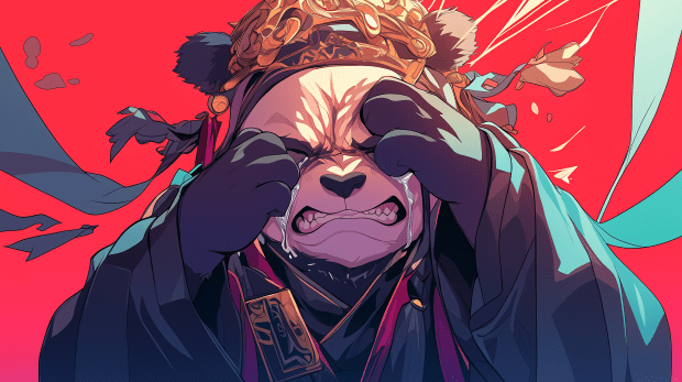 A very sad, upset panda wearing ancient Chinese robes.