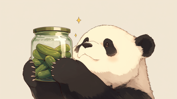 Panda holding pickles